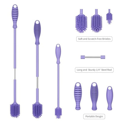 A-Brush Silicone Bottle Cleaner Brush, 3 Piece Set, Long Handle - Water Bottle Cleaner, Baby Bottle Nipple Brush for Plastic & Glass, BPA-Free Dish Washing Brush A2S Protection - color: Purple 3pk