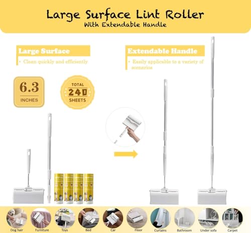 Large Surface Lint Roller with Extendable Long Handle Dust-Proof Cover 6.3'' Wider 240 Sheets, Long Handle Sticky Mop for Cleaning Furniture Carpet Floor Curtains and Pet Hair - size: 1 Roller + 0 Refills