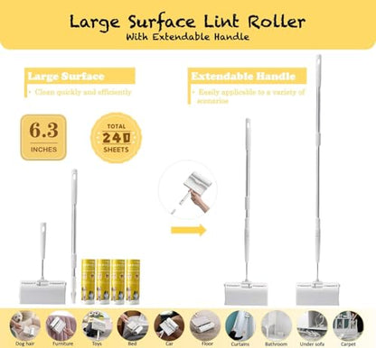 Large Surface Lint Roller with Extendable Long Handle Dust-Proof Cover 6.3'' Wider 240 Sheets, Long Handle Sticky Mop for Cleaning Furniture Carpet Floor Curtains and Pet Hair - size: 1 Roller + 0 Refills