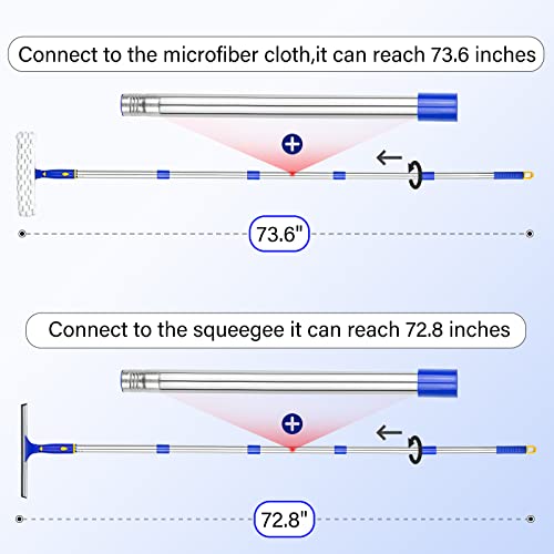 ITTAR Window Squeegee with 2 Sets Separate Pole, 12" Rubber Squeegee and 11" Microfiber Pads, 60"-73.6" Telescopic Window Cleaning Kit with Rotating Head for High Windows, Shower Glass, Car Windshield