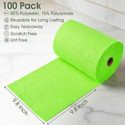 Microfiber Cleaning Cloth Roll - 100 Pack Tear Away Microfiber Paper Towels, Reusable, Washable, Scratch-Free, Kitchen Towels for Car, Home, Kitchen, Glass, Dishes (Neon Green) - color: Neon Green