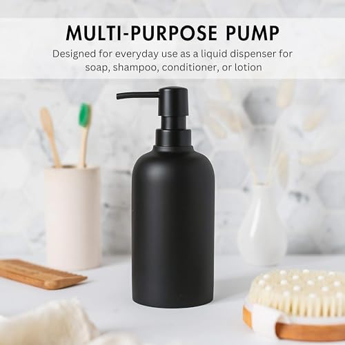 Matte Black Round Soap Dispenser Set with Tray for Kitchen, Countertop & Bathroom – 2 Pack 15 oz Refillable Resin Pump Bottle for Dish Soap, Hand Soap, Shampoo, Conditioner – Non-Slip Protective Pads - color: Black, style: Round Soap Dispenser Set with Tr