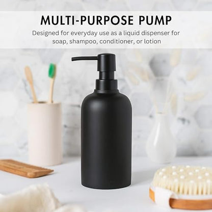 Matte Black Round Soap Dispenser Set with Tray for Kitchen, Countertop & Bathroom – 2 Pack 15 oz Refillable Resin Pump Bottle for Dish Soap, Hand Soap, Shampoo, Conditioner – Non-Slip Protective Pads - color: Black, style: Round Soap Dispenser Set with Tr