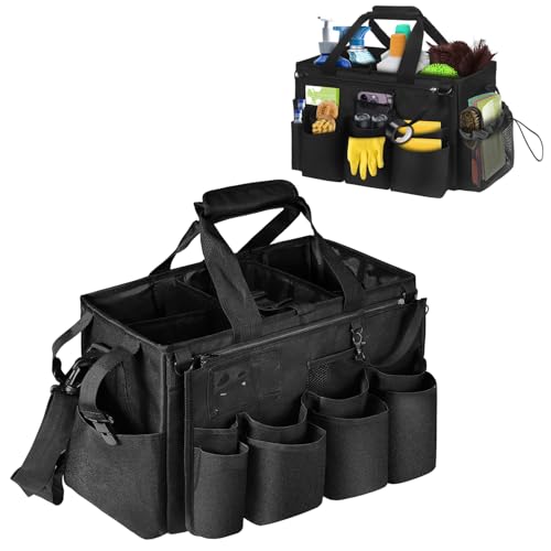 Grekos Wearable Cleaning Caddy Bag, Cleaning Caddy Suppliers Organizer with 4 Foldable Dividers, Handle & Shoulder Straps Cleaning Tool Organizers for Cleaners & Housekeeper (Black) - color: black