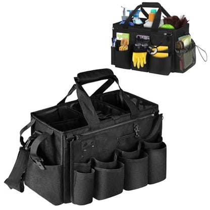 Grekos Wearable Cleaning Caddy Bag, Cleaning Caddy Suppliers Organizer with 4 Foldable Dividers, Handle & Shoulder Straps Cleaning Tool Organizers for Cleaners & Housekeeper (Black) - color: black