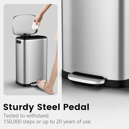 ELPHECO Kitchen Trash Can with Lid Soft Close,13 Gallon / 50L Stainless Steel Pedal Garbage Can, Heavy-Duty Fingerprint Proof Step Wastebasket with 20 Bags, Removable Bucket, Home Office, Silver - color: Silver