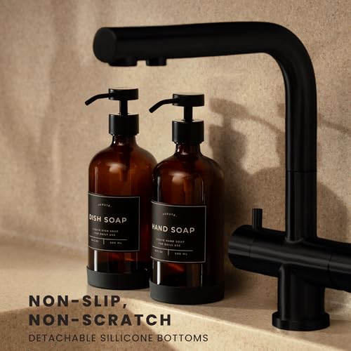 Hand and Dish Soap Dispenser for Kitchen and Bathroom, Set of 2 16 Oz Glass Bottles, Stainless Steel Pumps, Non-Slip Silicone Base, 27 Waterproof Labels (Amber Bottle/Black Pump) - color: Amber Bottle / Black Pump