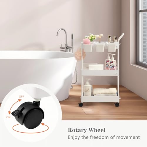 danpinera Storage Cart on Wheels, 3 Tier Slim Laundry with Wheels Bathroom Organizer with Hanging Cups Hooks Dividers Handle Mobile Rolling Art Cart for Bathroom Kitchen Narrow Places, White - style: 3 Tier White