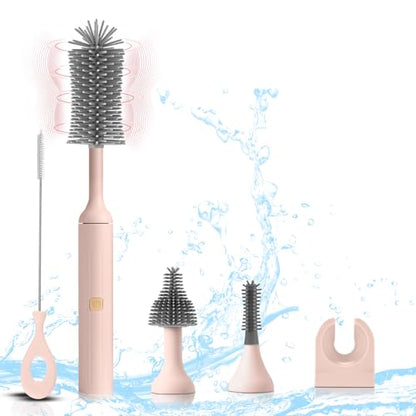 Electric Baby Bottle Brush Set with Rechargeable Electric Bottle Brush Cleaner and Replaceable Silicone Bottle Brushes and Straw Brush Cleaner, Waterproof Multi-Purpose Cleaning Brush(Pink) - color: Pink