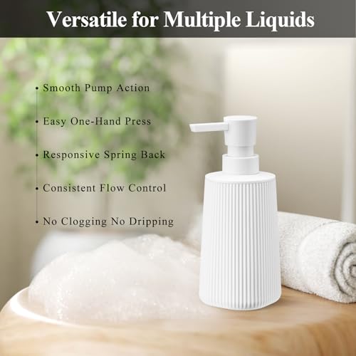 White Hand Soap Dispenser with No Rust Pump for Bathroom and Kitchen Countertops Refillable Striped Matte Plastic 8.5 oz - color: White