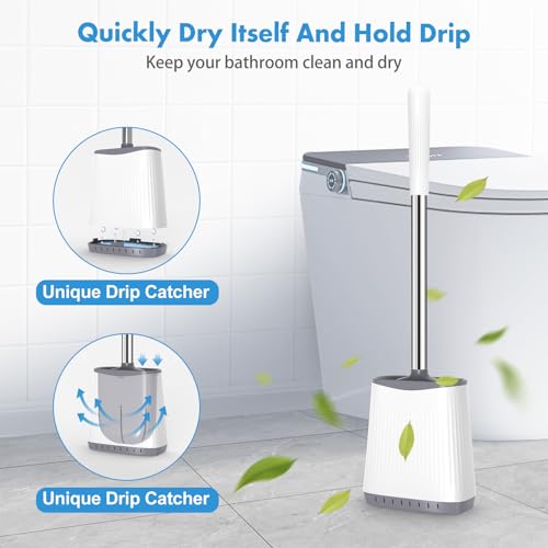 Silicone Toilet Brush and Holder, Flexible Bowl Brush Head with Ventilated Holder, Wall Mounted Compact Set for Bathroom Cleaning