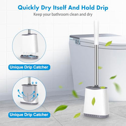 Silicone Toilet Brush and Holder, Flexible Bowl Brush Head with Ventilated Holder, Wall Mounted Compact Set for Bathroom Cleaning