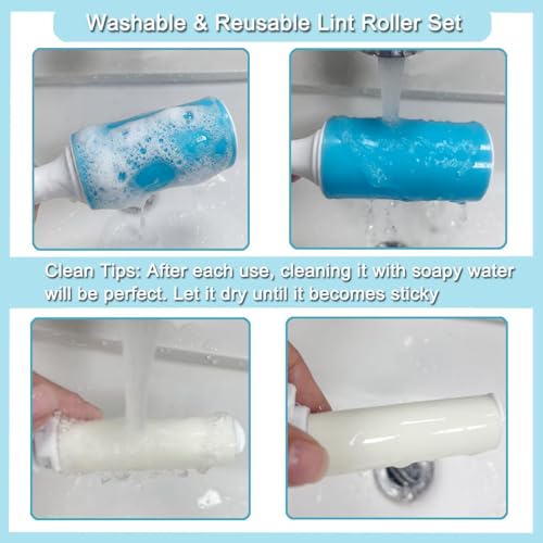 Reusable Washable Lint Roller 4 Pack, Sticky Gel Lint Rollers, Cat Dog Pet Hair Lint Remver Cleaner for Clothes, Carpet, Travel, 2 Large Roller with Dust Cover and 2 Mini Portable Small Lint Brush - size: 2 Large+2 Mini