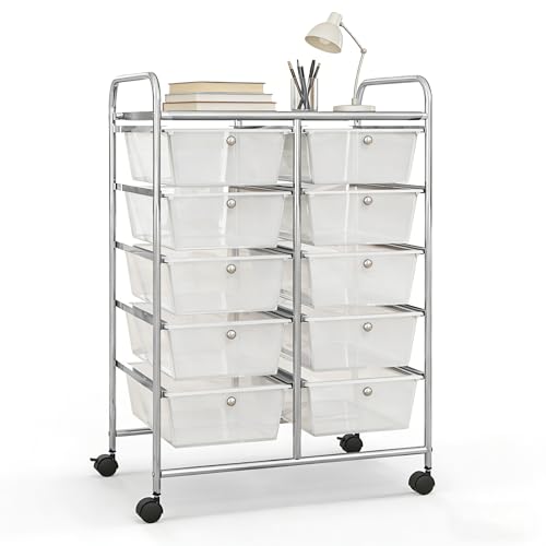 COSTWAY 10 Drawer Rolling Storage Cart, Mobile Utility Cart with Metal Frame & Lockable Wheels, Art Supply Craft Organizer, Multipurpose Drawer Cart for Paper for Office, School, Transparent - color: Transparent, size: 10 Drawer
