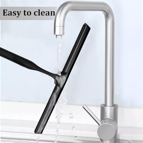 10-Inch Shower Squeegee for Glass Doors, Stainless Steel Shower Squeegee with Shower Door Hook & Adhesive Hook, Multi-Purpose Bathroom Squeegee for Glass, Door, Mirror and Window (Black)