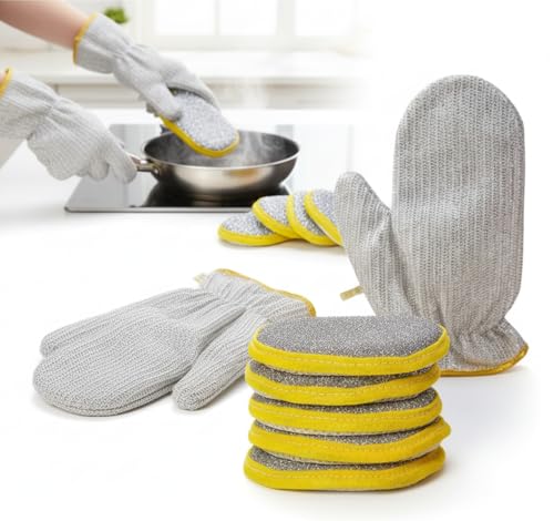 Kitchen Pro Dual Action Cleaning Set, 5 Microfiber Scouring Sponges with Yellow Trim, 2 Wire-Reinforced Dishwashing Gloves, Round Scrubbers for Dishes