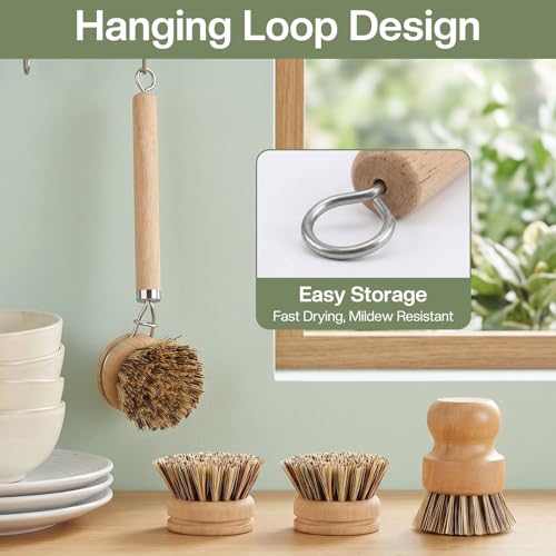 5 Pcs Bamboo Wood Dish Brush Set Includes 1 Wooden Handle with 3 Natural Replaceable Bristle Heads and 1 Handheld Bamboo Wok Brush Scrubber for Dishes Pans Pots Fruit and Veggie Washing(Style C)