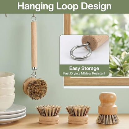 5 Pcs Bamboo Wood Dish Brush Set Includes 1 Wooden Handle with 3 Natural Replaceable Bristle Heads and 1 Handheld Bamboo Wok Brush Scrubber for Dishes Pans Pots Fruit and Veggie Washing(Style C)
