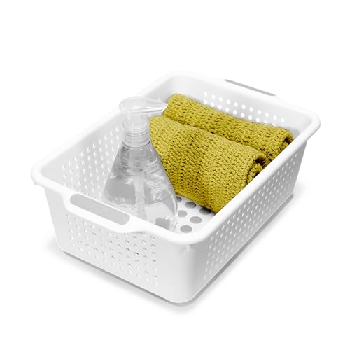 madesmart Small Storage Basket, Multipurpose Organizer with Soft-Grip Handles & Non-Slip Feet, Heavy-Duty Ventilated Design for Laundry, Bath & Kitchen, White, 12 x 8 x 4" - size: Small