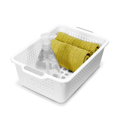 madesmart Small Storage Basket, Multipurpose Organizer with Soft-Grip Handles & Non-Slip Feet, Heavy-Duty Ventilated Design for Laundry, Bath & Kitchen, White, 12 x 8 x 4" - size: Small