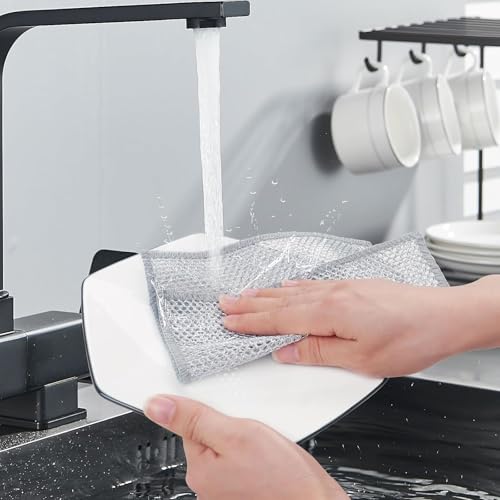 Silver Wire rag,10 Pcs New Upgrade 2-Layer Metal Dish Cloth, Non Scratch Wire Dishcloth,Multipurpose Wire Dishwashing Rags, Wet & Dry for Cookware, Sinks, Dishes, Stoves & Fireplaces, 9.84 x9.84 Inch