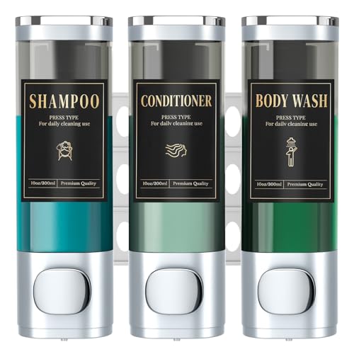 Luxspire Shampoo and Conditioner Dispenser, No Drill Wall Mounted Shower Soap Dispenser 3 Chamber with Waterproof Labels, Easy Refill Soap Dispenser for Bathroom Hotel Kitchen, Silver - color: Silver, size: 3 Chamber