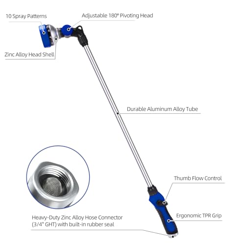 Watering Wand for Garden Hose, 30 Inch, 10 Spray Patterns, Thumb Control Garden Hose Nozzle, Adjustable Water Sprayer with Pivoting Head, Ideal for Hanging Baskets, Plants, and Shrubs, Blue - color: Blue