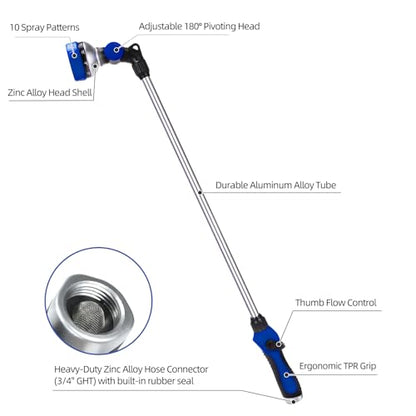 Watering Wand for Garden Hose, 30 Inch, 10 Spray Patterns, Thumb Control Garden Hose Nozzle, Adjustable Water Sprayer with Pivoting Head, Ideal for Hanging Baskets, Plants, and Shrubs, Blue - color: Blue