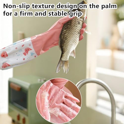 1 Pair Rubber Gloves, Reusable | Waterproof, Wavy Edged Extended Cleaning Gloves, Suitable For Daily Household Cleaning Use (Pink)