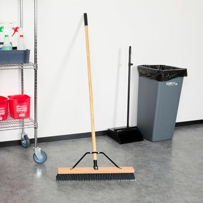 Restaurantware-Clean Tek Professional 24 Inch Push Broom, 1 Heavy-Duty Broom with 60” Handle - Medium Plastic Bristles, Durable, Wooden, Commercial Use, for Deck, Driveway, Garage, Yard, Patio