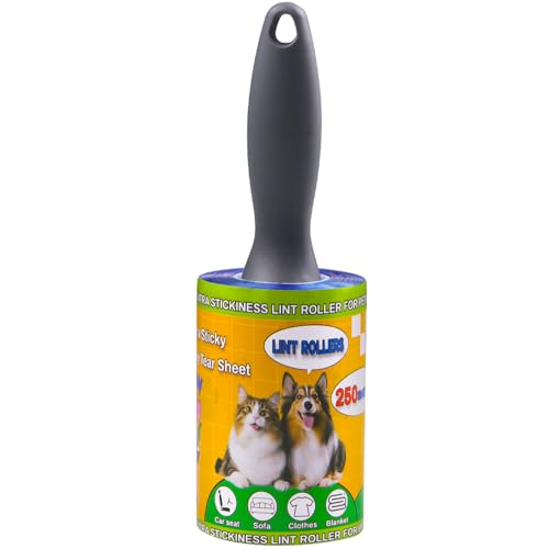 Lint Roller Pet Hair Value Pack of 250 Sheets, Extra Sticky Lint Remover for Dog & Cat Fur, Clothes, Furniture, Couches Reusable Lint Remover for Fuzz, Fluff & Hair (Blue) - color: Blue, size: 1 Count / 250 Sheets