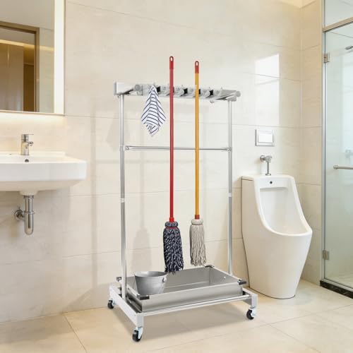 Broom and Mop Holder on Wheels, Load 440 LBS Movable Cleaning Cart Broom Storage Rack with Stainless Steel Basin,5 Mop Hanger Grippers, 12 Hooks, Garden Tool Stand for Garden,Hotels,Home