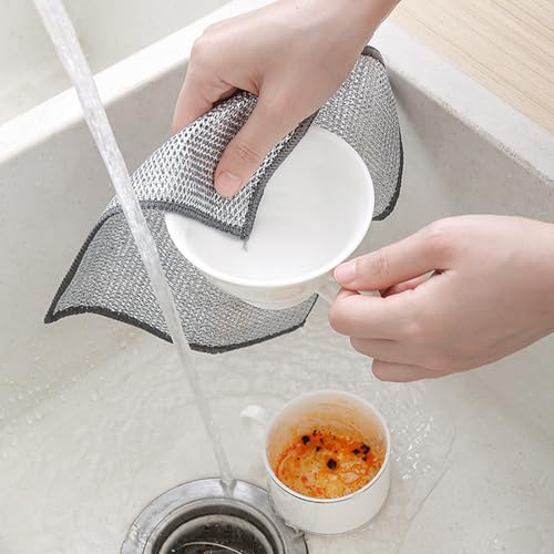 Double-Layer Steel Wire Cleaning Cloth - Non-Scratch Wire Dishcloth Rag Heavy Duty Scrub Pads Multi-Purpose Silver Mesh Scouring Pads for Dishes, Pots, Pans (10 pcs)