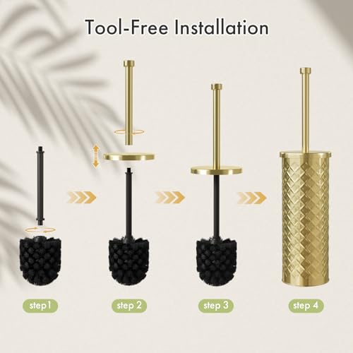 Toilet Bowl Brush and Holder Set 2 Pack with 4 Extra Brush Heads | Extra Long Handle with Splash Guard Cover, Tool-Free Installation, Bathroom Space-Saving, Cleaner Sets for Apartments, RV (Gold) - color: Gold
