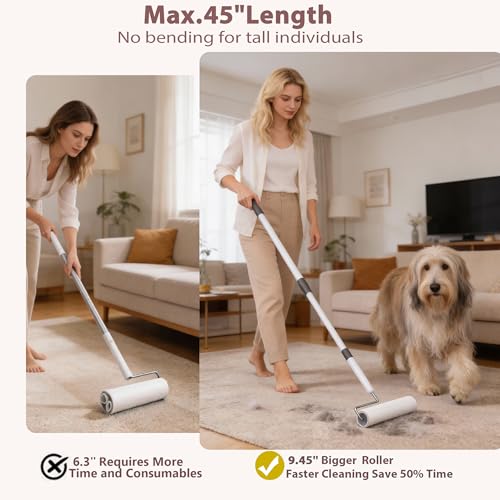 Large Lint Rollers for Pet Hair Extra Sticky, 9.45'' Long Handled Giant Lint Roller,6 Replaceable Rolls for Cleaning Carpets, Clothing, Couch, Furniture Wall Cleaner Mop Dust Remover - size: 1 Roller (Extendable Handle)+6 Refills