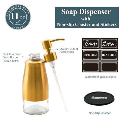 Gaussra Soap Dispenser with Coaster and Stickers, Brushed Gold Stainless Steel Glass Hand Pump Dispenser, Anti Rust Bottle, for Kitchen & Bathroom Detergent Bottle，Refillable Hand Liquid Dispenser - color: Brushed Gold