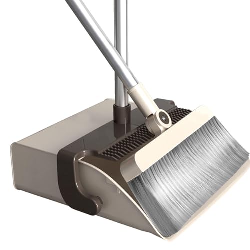 Broom and Dustpan Set for Home Folding Cleaning Tools Long Handle Broom with Upright Standing Dustpan Combo for Office Home Kitchen Lobby Floor Cleaning,Khaki - color: Khaki