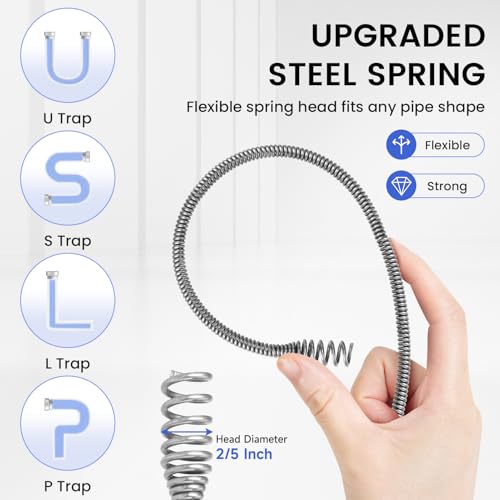 XJX Drain Auger, Plumbing Snake with Drill Adapter, 25FT Flexible Steel Drain Clog Remover, Manual or Powered for Kitchen, Bathroom & Shower Sink, with Gloves and Storage Bag - color: Bule