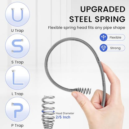 XJX Drain Auger, Plumbing Snake with Drill Adapter, 25FT Flexible Steel Drain Clog Remover, Manual or Powered for Kitchen, Bathroom & Shower Sink, with Gloves and Storage Bag - color: Bule
