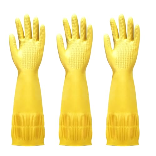 FMP Brands 3/6/12/60 Pairs 15 Inch Extra Long Rubber Dishwashing Gloves - Non-Slip for Cleaning, Kitchen, Bathroom, Gardening - color: Yellow, size: Small (Pack of 3)