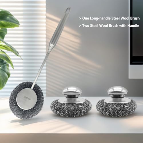Stainless Steel Wool Scrubber Set, Long Handle & Handle Brushes, Metal Brush for Pots, Pans, Grills & Cutlery Cleaning (3 Pack)