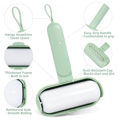 Reusable Lint Roller for Pet Hair Extra Sticky, Washable Silicone Lint Roller Reusable for Clothes, Mini Travel Size Portable Sticky Lint Roller with Handle & Hanging Loop, Green 1 Pack
