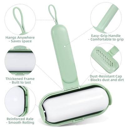 Reusable Lint Roller for Pet Hair Extra Sticky, Washable Silicone Lint Roller Reusable for Clothes, Mini Travel Size Portable Sticky Lint Roller with Handle & Hanging Loop, Green 1 Pack