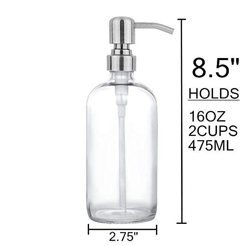 2 Pack Thick Clear Glass Pint Jar Soap Dispenser with Silver Stainless Steel Pump, 16ounce Clear Boston Round Bottles Dispenser with Rustproof Pump for Essential Oil, Lotion Soap - color: Silver