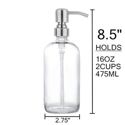 2 Pack Thick Clear Glass Pint Jar Soap Dispenser with Silver Stainless Steel Pump, 16ounce Clear Boston Round Bottles Dispenser with Rustproof Pump for Essential Oil, Lotion Soap - color: Silver