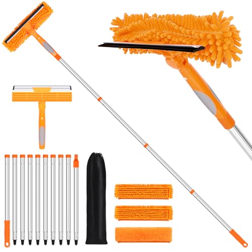 152'' Window Cleaning Kit, 2 in 1 Window Squeegee with Extension Poles, Window Cleaner Tools for Indoor/Outdoor High Window, Car, Glass