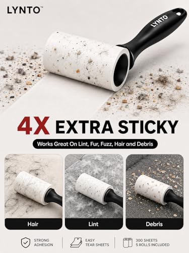 Extra Sticky Pet Hair Lint Roller — 300-Sheet Value Set with Upgraded Handle and 5 Rolls, Powerful Portable Hair Remover for Clothes, Furniture, Couches, Dogs & Cats