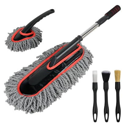 Car Duster Exterior Scratch Free,Microfiber Car Duster with Extendable Handle, with 3PCS Detailing Brush, Exterior Interior Multipurpose for SUV,Truck,RV