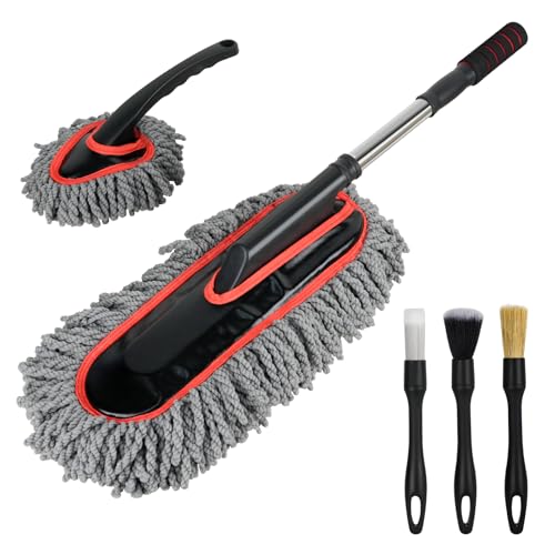 Car Duster Exterior Scratch Free,Microfiber Car Duster with Extendable Handle, with 3PCS Detailing Brush, Exterior Interior Multipurpose for SUV,Truck,RV