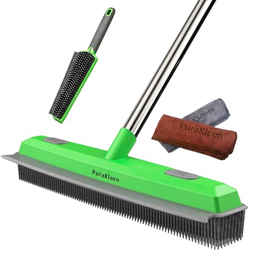 Rubber Broom for Pet Hair —Gets What Your Vacuum Misses,Non-Scratch Carpet Rake 24 "-61 "Adjustable Handle,4-in-1 (Squeegee+Pet Brush+2 Microfiber Cloth),Stairs,Corners, Rugs,Hardwood Green
